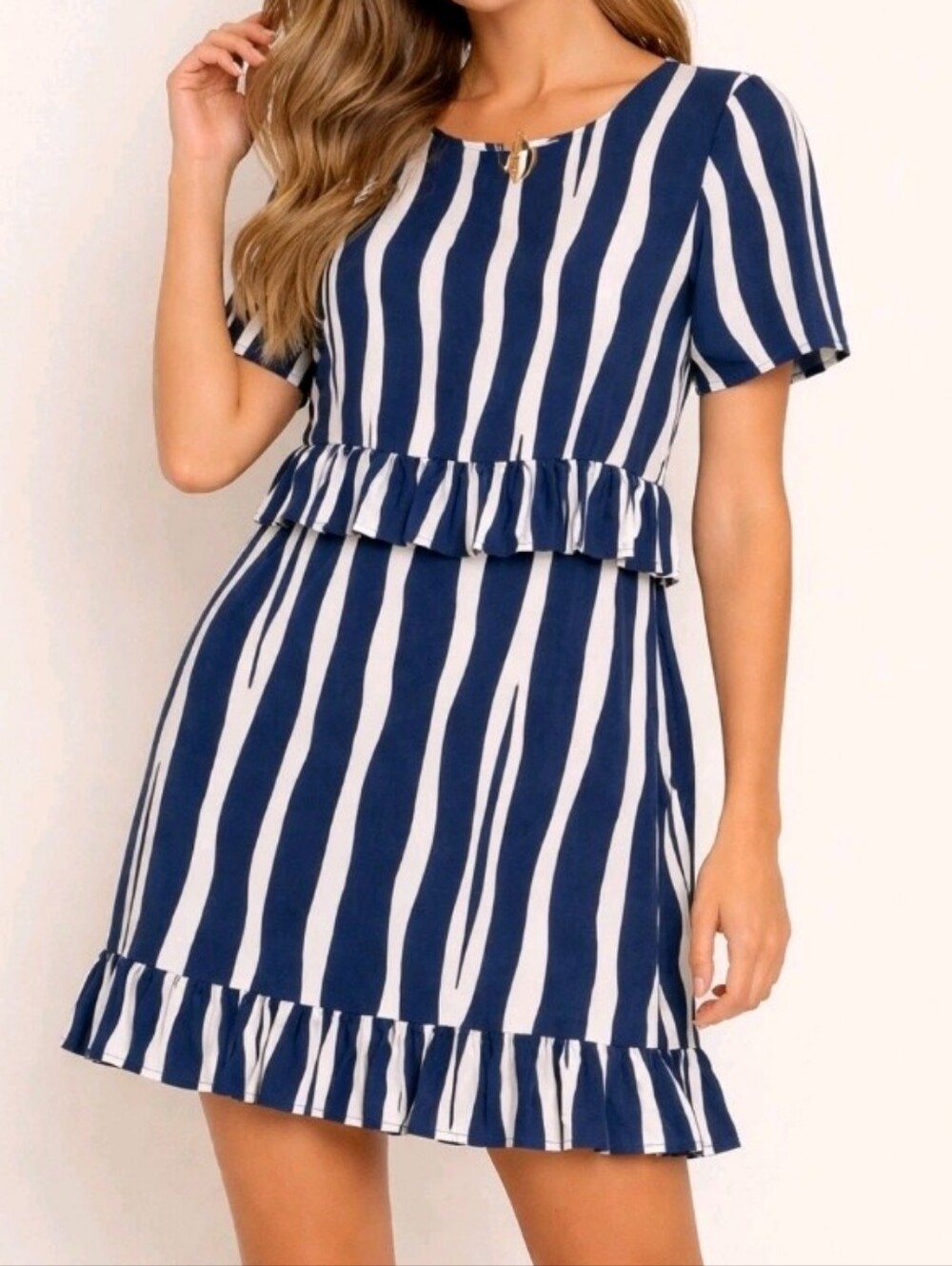 Marie Oliver Silk Tiered Ruffle Navy/White Striped Shift Dress XS Classic Chic